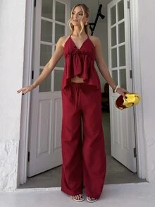 BiaLiraa Women's Romantic Spaghetti Strap Camisole With Waist Tie And Ruffle Trim, Paired With Textured Elastic Waist Pants, 2-Piece Set - Burgundy - View 6