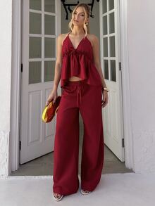 BiaLiraa Women's Romantic Spaghetti Strap Camisole With Waist Tie And Ruffle Trim, Paired With Textured Elastic Waist Pants, 2-Piece Set - Burgundy - View 1