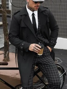 Manfinity CasualCool 男士雙排扣黑色秋季優雅休閒街頭風晚宴商務辦公長款風衣，簡約缺口領長大衣，送給丈夫的禮物 - 黑色 - 查看 3