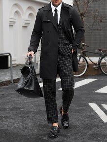 Manfinity CasualCool 男士雙排扣黑色秋季優雅休閒街頭風晚宴商務辦公長款風衣，簡約缺口領長大衣，送給丈夫的禮物 - 黑色 - 查看 4