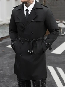 Manfinity CasualCool 男士雙排扣黑色秋季優雅休閒街頭風晚宴商務辦公長款風衣，簡約缺口領長大衣，送給丈夫的禮物 - 黑色 - 查看 6