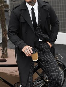 Manfinity CasualCool 男士雙排扣黑色秋季優雅休閒街頭風晚宴商務辦公長款風衣，簡約缺口領長大衣，送給丈夫的禮物 - 黑色 - 查看 7