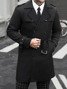 Manfinity CasualCool 男士雙排扣黑色秋季優雅休閒街頭風晚宴商務辦公長款風衣，簡約缺口領長大衣，送給丈夫的禮物 - 黑色 - 查看 5