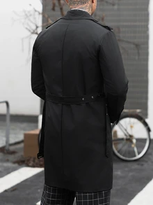 Manfinity CasualCool 男士雙排扣黑色秋季優雅休閒街頭風晚宴商務辦公長款風衣，簡約缺口領長大衣，送給丈夫的禮物 - 黑色 - 查看 2