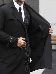 Manfinity CasualCool 男士雙排扣黑色秋季優雅休閒街頭風晚宴商務辦公長款風衣，簡約缺口領長大衣，送給丈夫的禮物 - 黑色 - 查看 8