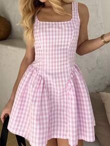BiaLiraa Women's New Fashion Versatile Waist Tie Bow Plaid Sleeveless A-Line Flared Mini Dress - Pink - View 7