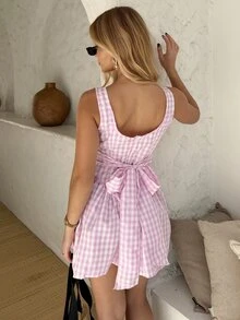 BiaLiraa Women's New Fashion Versatile Waist Tie Bow Plaid Sleeveless A-Line Flared Mini Dress - Pink - View 2
