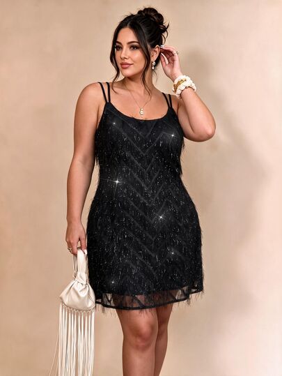 Cravure Women's Plus Size Spring Summer Autumn Black Feather Tassel Double Strap A-Line Tummy Control Slimming Shiny Short Evening Dress For Party Date Elegant Little Black Dress