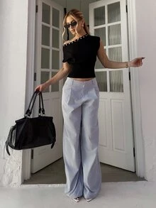 BiaLiraa 女式 Y2k 低腰宽松阔腿及地长裤灰色竖条纹裤 - 灰色 - 查看 1
