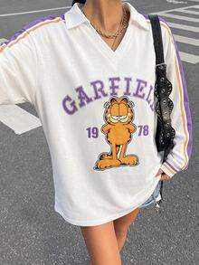 Muchica GARFIELD | SHEIN 女款領口字母印花聯名長袖T恤，適合外出、街頭風、機場穿搭、時尚、返校、Y2K、派對、海灘度假、假期 - 彩色 - 查看 6