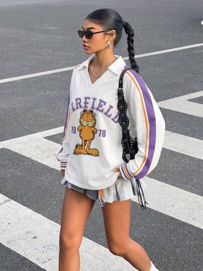 Muchica GARFIELD | SHEIN Women's Collared Letter Print Graphic Co-Branded Long Sleeve T-Shirt, Suitable For Outings, Streetwear, Airport Outfits, Chic, Back To School, Y2K, Party, Beach Vacation, Holiday