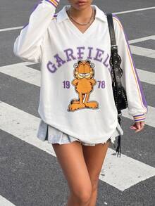 Muchica GARFIELD | SHEIN 女款領口字母印花聯名長袖T恤，適合外出、街頭風、機場穿搭、時尚、返校、Y2K、派對、海灘度假、假期 - 彩色 - 查看 5