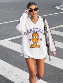 Muchica GARFIELD | SHEIN 女款領口字母印花聯名長袖T恤，適合外出、街頭風、機場穿搭、時尚、返校、Y2K、派對、海灘度假、假期 - 彩色 - 查看 4