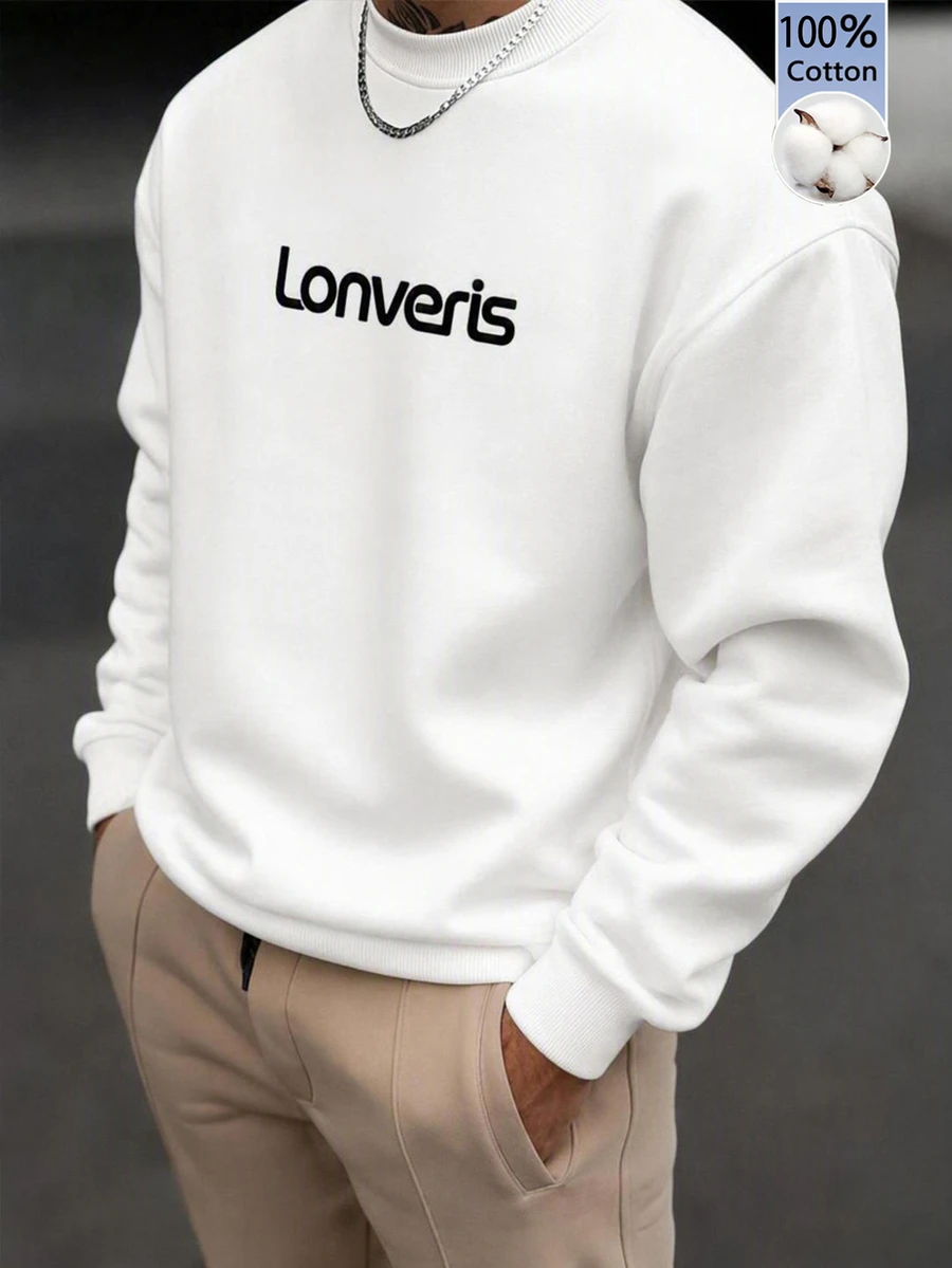 Lonveris Sudadera de manga larga casual de uso diario con estampado de letras para hombre - Blanco - Ver 1