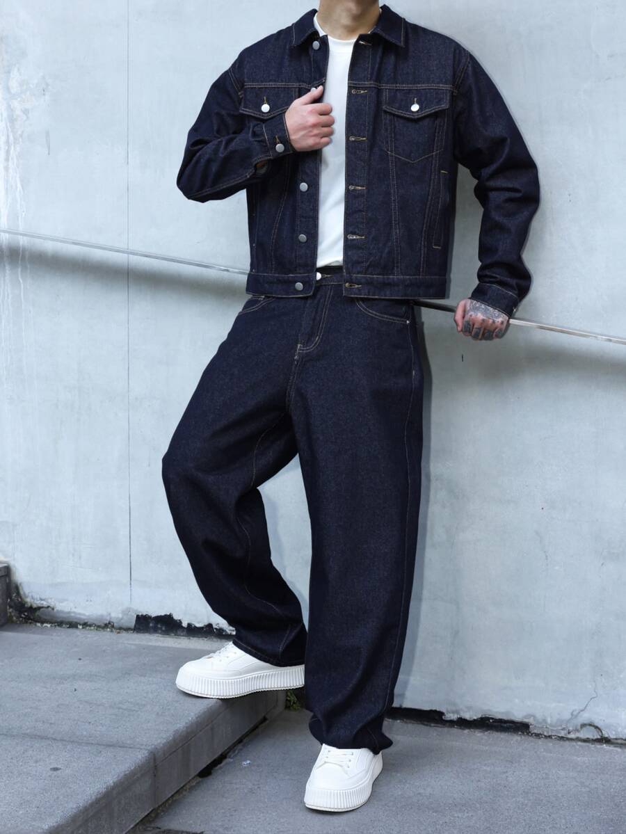 Manfinity Homme بدلة رجالية مقاس كبير مكونة من جاكيت جينز أزرق داكن وبنطلون فضفاض، طقم كاجوال للربيع والخريف - أزرق داكن - مشاهدة 1