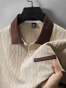EGENSIO Men's Knitted Jacquard Solid Color Textured Beige Pattern Ribbed Collar And Cuffs Two-Button Polo Shirt Birthday Office Wedding Summer Casual - Apricot - View 4