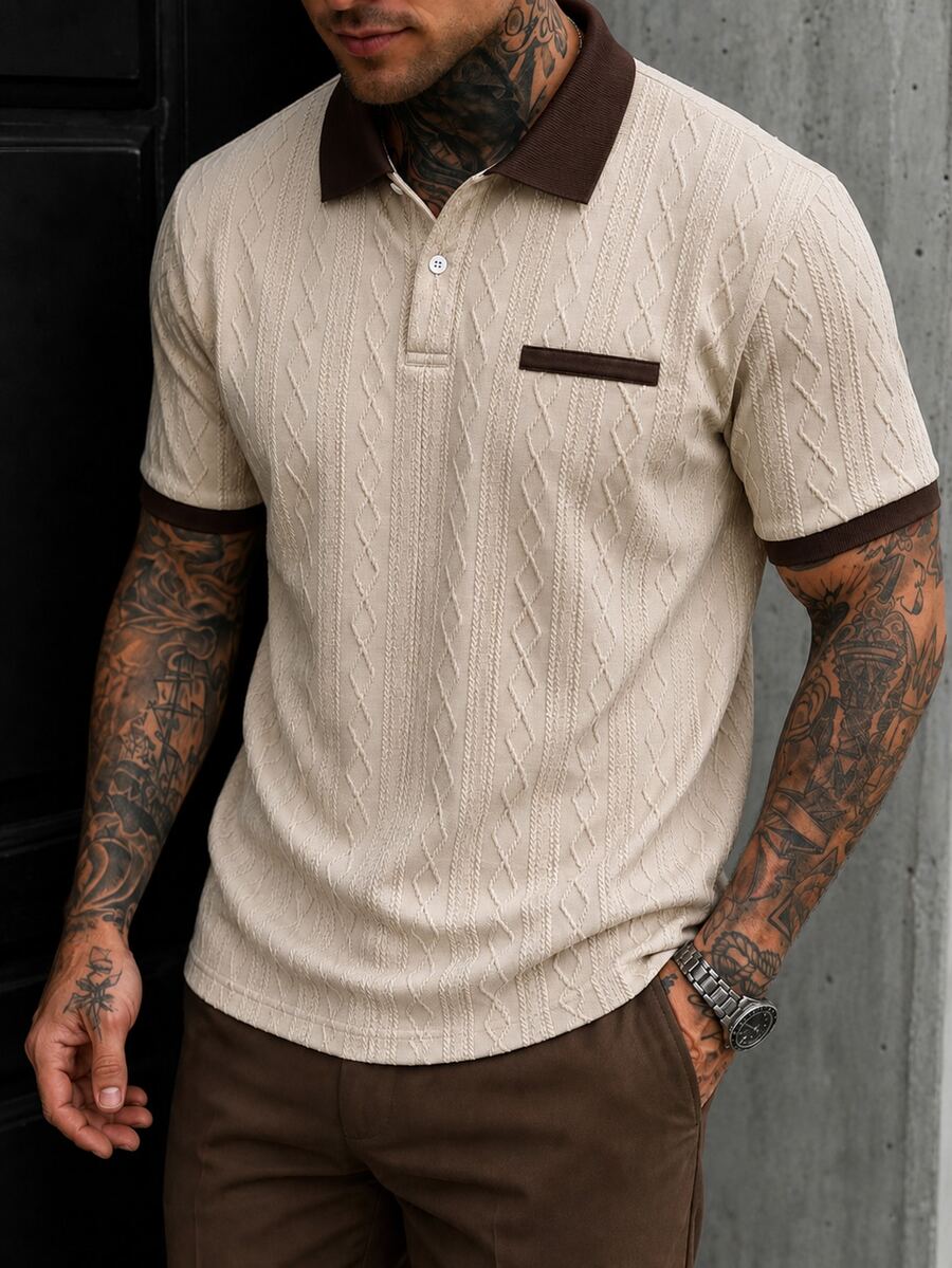 EGENSIO Men's Knitted Jacquard Solid Color Textured Beige Pattern Ribbed Collar And Cuffs Two-Button Polo Shirt Birthday Office Wedding Summer Casual - Apricot - View 1