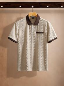 EGENSIO Men's Knitted Jacquard Solid Color Textured Beige Pattern Ribbed Collar And Cuffs Two-Button Polo Shirt Birthday Office Wedding Summer Casual - Apricot - View 3