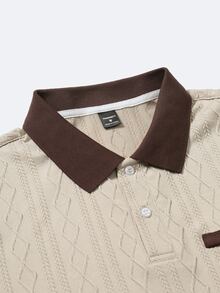 EGENSIO Men's Knitted Jacquard Solid Color Textured Beige Pattern Ribbed Collar And Cuffs Two-Button Polo Shirt Birthday Office Wedding Summer Casual - Apricot - View 5