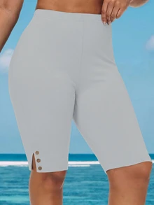EMERY ROSE Pantalones cortos casuales de talle alto con diseño de botones para mujer de talla grande - Gris - Ver 3