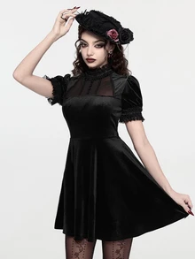 ROMWE Women's Mini Dress Goth Court Style Short Dress Puff Sleeves Black Lace Collar Mesh Sheer Cute Exquisite - Black - View 7