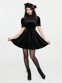 ROMWE Women's Mini Dress Goth Court Style Short Dress Puff Sleeves Black Lace Collar Mesh Sheer Cute Exquisite - Black - View 1