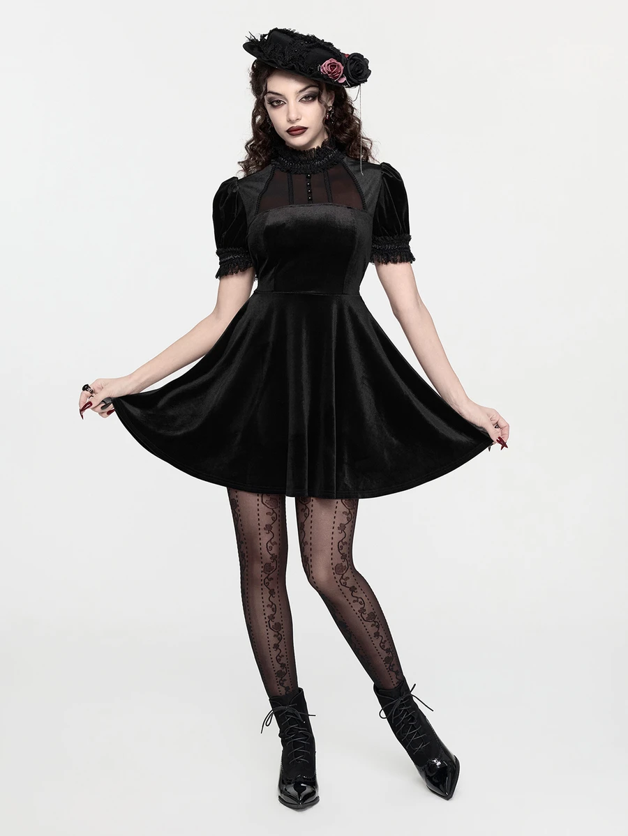 ROMWE Women's Mini Dress Goth Court Style Short Dress Puff Sleeves Black Lace Collar Mesh Sheer Cute Exquisite - Black - View 1