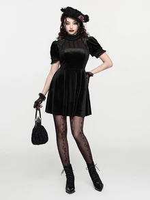 ROMWE Women's Mini Dress Goth Court Style Short Dress Puff Sleeves Black Lace Collar Mesh Sheer Cute Exquisite - Black - View 9
