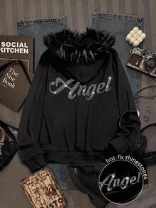 SHEIN EZwear 水鑽字母圖案抽繩連帽衛衣 - 黑色 - 查看 7