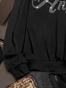 SHEIN EZwear 水鑽字母圖案抽繩連帽衛衣 - 黑色 - 查看 4