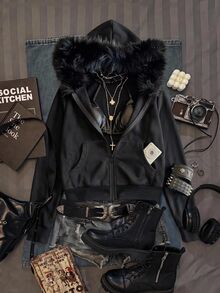 SHEIN EZwear 水鑽字母圖案抽繩連帽衛衣 - 黑色 - 查看 2
