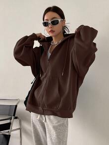 DAZY Sudadera con capucha con cremallera y cordón, hombros caídos, ropa de mujer de otoño - Marrón Mocha - Ver 6