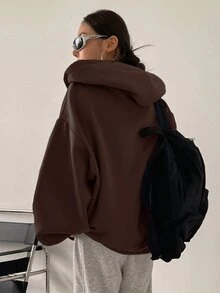 DAZY Sudadera con capucha con cremallera y cordón, hombros caídos, ropa de mujer de otoño - Marrón Mocha - Ver 2