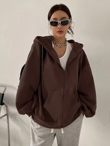 DAZY Sudadera con capucha con cremallera y cordón, hombros caídos, ropa de mujer de otoño - Marrón Mocha - Ver 5