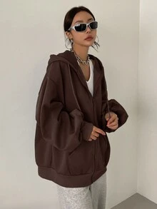 DAZY Sudadera con capucha con cremallera y cordón, hombros caídos, ropa de mujer de otoño - Marrón Mocha - Ver 3