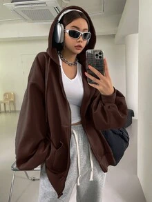 DAZY Sudadera con capucha con cremallera y cordón, hombros caídos, ropa de mujer de otoño - Marrón Mocha - Ver 4