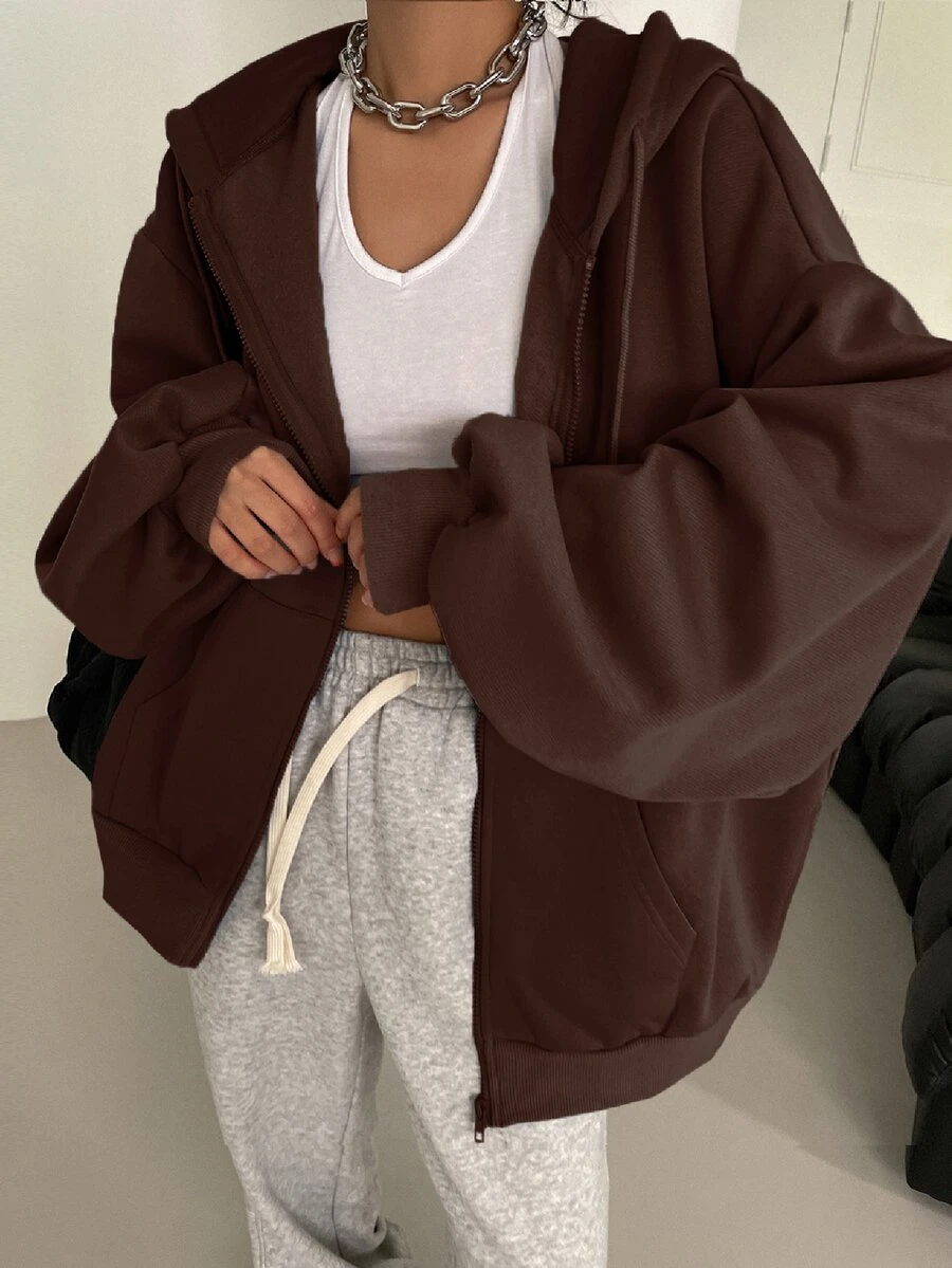 DAZY Sudadera con capucha con cremallera y cordón, hombros caídos, ropa de mujer de otoño - Marrón Mocha - Ver 1