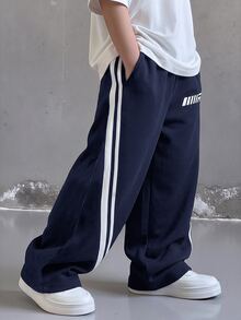 SHEIN Little Byeori 兒童青少年男孩休閒學院風麻灰運動衫與運動長褲套裝，適合春/夏、情人節、約會、家庭聚會、返校季、婚禮季、運動、生日派對 - 藏蓝色 - 查看 2