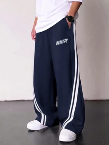 SHEIN Little Byeori 兒童青少年男孩休閒學院風麻灰運動衫與運動長褲套裝，適合春/夏、情人節、約會、家庭聚會、返校季、婚禮季、運動、生日派對 - 藏蓝色 - 查看 3