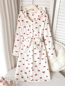 SHEIN 兒童青少年女孩法蘭絨浴袍，附毛絨蝴蝶結，可愛休閒秋冬穿搭 - 彩色 - 查看 5