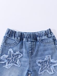 SHEIN Playful Pals 女嬰牛仔寬腿牛仔褲，甜酷街頭風休閒學院風，淺藍水洗，彈性腰頭，貼布繡，淺粉色夏季款 - 淺色水洗藍 - 查看 6