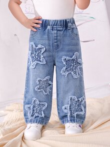 SHEIN Playful Pals 女嬰牛仔寬腿牛仔褲，甜酷街頭風休閒學院風，淺藍水洗，彈性腰頭，貼布繡，淺粉色夏季款 - 淺色水洗藍 - 查看 4