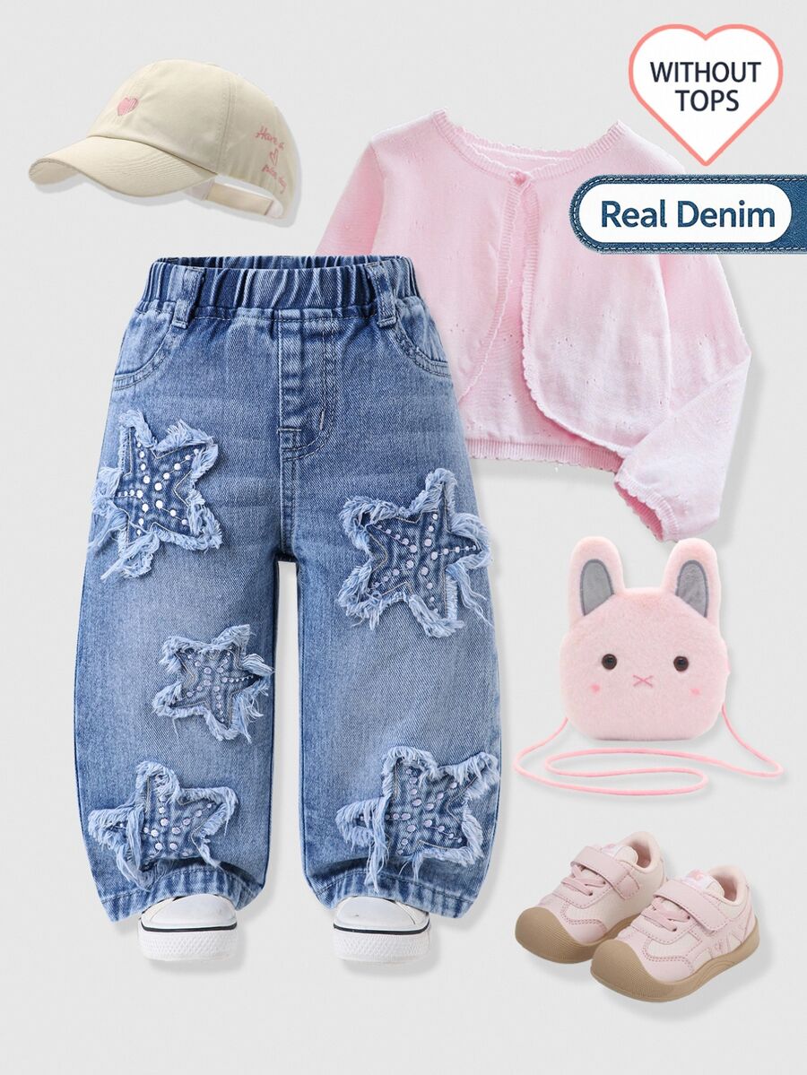 SHEIN Playful Pals 女嬰牛仔寬腿牛仔褲，甜酷街頭風休閒學院風，淺藍水洗，彈性腰頭，貼布繡，淺粉色夏季款