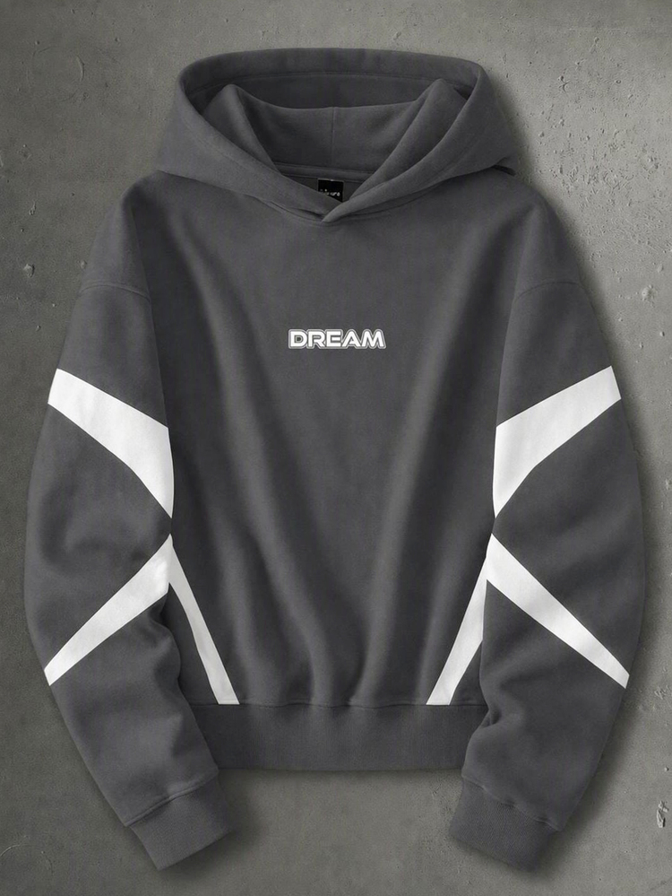 Lonveris Geometric Colorblock Letter Print Hoodie, Geometric Colorblock Captures Street Focus, Wear DREAM Dream, Express Your Cool Attitude - Dark Grey - View 7
