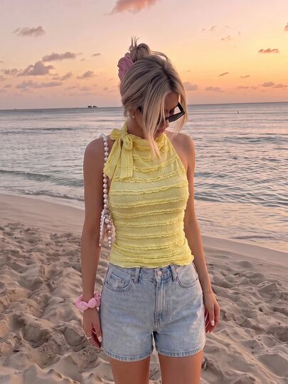 SHEIN MOD Women 1pc Lace Stripe Halter Tie Bow Neck Sleeveless Yellow Cute Coquette Fitted Top For Women Fall Casual Going Out Autumn