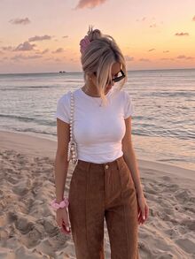 SHEIN MOD 女款 1 件裝 燈芯絨鈕扣裝飾高腰彈性喇叭褲 棕色 可愛秋季女裝聖誕穿搭 - 摩卡棕 - 查看 1