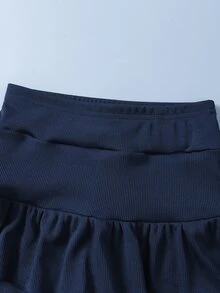 SHEIN Tween女孩海軍藍羅紋抓皺短袖圓領修身短版上衣與高腰雙層荷葉邊蛋糕裙2件套，親膚彈性面料，活力甜酷風兒童套裝，夏季日常街頭穿搭校園造型，小眾設計兒童套裝 - 寶藍色 - 查看 6