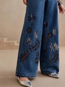 Anewsta Embroidery Floral Laser Cut Wide Leg Jeans - Medium Wash - View 2
