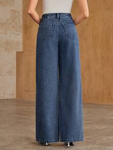 Anewsta Embroidery Floral Laser Cut Wide Leg Jeans - Medium Wash - View 6