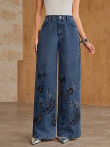 Anewsta Embroidery Floral Laser Cut Wide Leg Jeans - Medium Wash - View 3